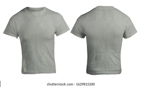 Grey Heather Color T-shirt Mock Up, Front And Back View, Isolated. Male Model Wear Plain Grey Shirt Mockup. Shirt Design Template. Blank Tees For Print