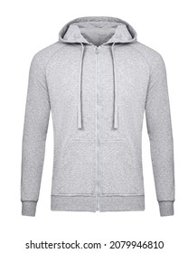 Grey hoodie template with zip. Hoodie sweatshirt long sleeve with zipper, for design mockup for print. Hoody isolated on white background