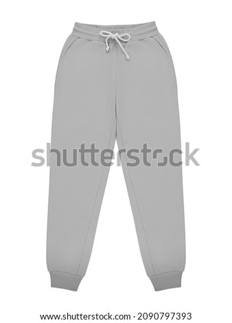 Grey jogger pants mockup. Template sports trousers front view for design. Fitness wear isolated on white