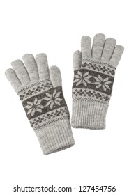 Grey Knitted Winter Gloves Isolated On White Background