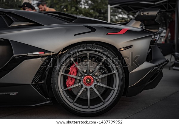 Grey Lamborghini Aventador Svj Parked Outdoor Stockfoto 1437799952