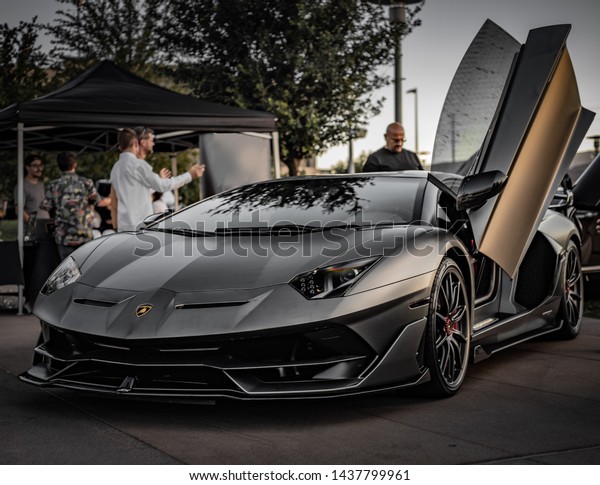 Grey\
Lamborghini Aventador SVJ\
Parked in an outdoor shopping mall in\
Las Vegas, Nevada / USA - June 26th,\
2019