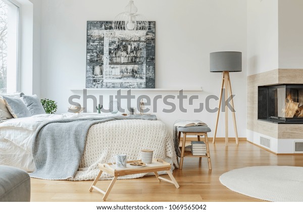 Grey Lamp Next Fireplace Bright Bedroom Stock Photo Edit Now