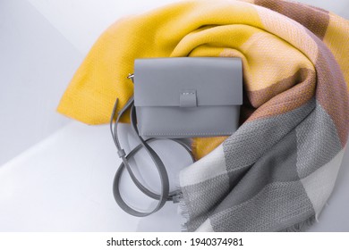 Grey Leather Cross Body Bag And Stole Grey And Yellow Colors