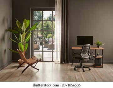 Grey Living Room Office, Monitor, Chair Vase Of Green Plant In Front Of The Window Garden View.