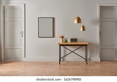 Grey Living Room, Picture On The Wall And Two Doors Interior, Wooden Table And Lamp Concept.