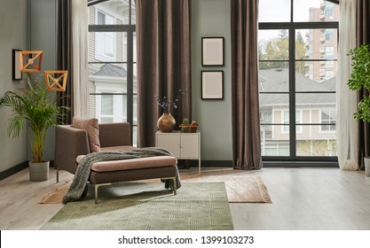 Grey living room with window concept curtain and garden view. Grey sofa carpet and chair decoration. home design modern room frame.