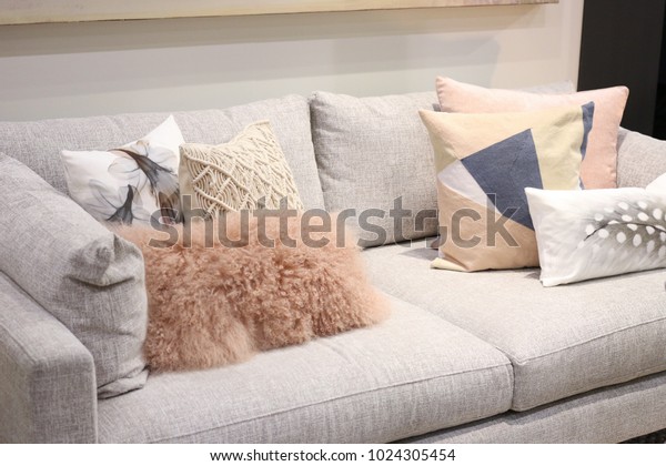 Grey Loveseat Sofa Multiple Soft Pillows Stock Photo Edit