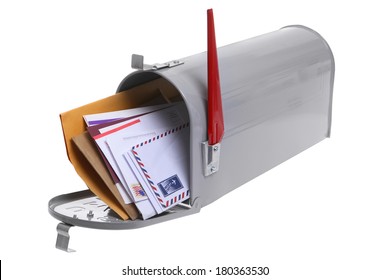 Grey Mailbox Full Of Mail Isolated On A White Background