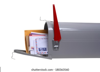 Grey Mailbox Full Of Mail Isolated On White Background