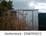 Grey metal toolshed outdoors, behind overgrown bushes