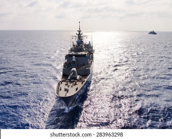 Grey modern warship,aerial view