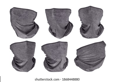 Grey Neck Gaiters Six Views Set With Different Face Rotation. Isolated On White, Clipping Path Included