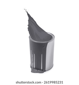 Grey paint splashing out of can on white background