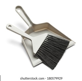 Grey Plastic Broom With Dust Pan Isolated On White Background.