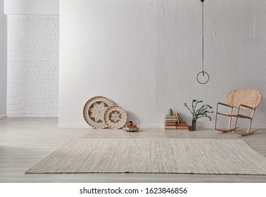 Grey Room Stone Wall, Home Object Chair And Lamp, White Brick Background, Carpet On The Parquet.