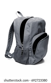 Grey School Backpack With Open Pocket Isolated On White