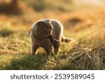 Grey Scottish Fold cat strolls gracefully under warm sunset glow, moving softly through vibrant green grass, enjoying serene evening, embracing gentle breeze, exploring tranquil outdoor surroundings