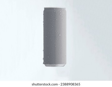 Grey silver can mockup for label packaging design template. Single of grey metallic tin can product shot isolated on white background with fresh droplets water drops condensation.