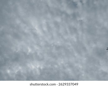 the grey sky is filled with a multitude of cloud textures and patterns. the light is soft, highlighting the varying densities.
