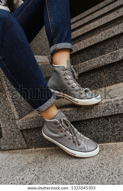 Grey Sneakers Shoes White Sole Blue 