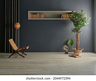 Grey Stone Concrete Wall Background With Home Object Lamp Book Vase Of Plant Style, Armchair Furniture And Niche Concept, Interior Room.