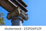 Grey stone Ionic Greek columns against a clear blue sky with tress in the background.