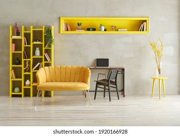 Grey Stone Wall Background, Yellow Furniture Style With Sofa Armchair Bookshelf And Niche, Interior Room Decoration Style.