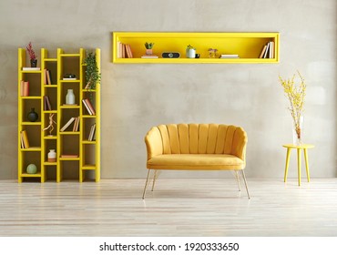 Grey Stone Wall Background, Yellow Furniture Style With Sofa Armchair Bookshelf And Niche, Interior Room Decoration Style.