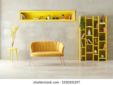 Grey stone wall background, yellow furniture style with sofa armchair bookshelf and niche, interior room decoration style.