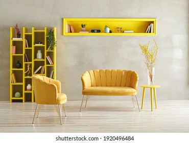 Grey Stone Wall Background, Yellow Furniture Style With Sofa Armchair Bookshelf And Niche, Interior Room Decoration Style.