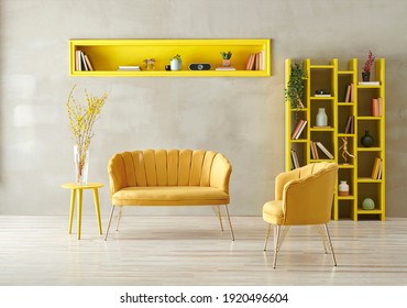 Grey Stone Wall Background, Yellow Furniture Style With Sofa Armchair Bookshelf And Niche, Interior Room Decoration Style.