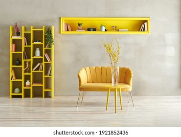 Grey Stone Wall Background, Yellow Furniture Style With Sofa Armchair Bookshelf And Niche, Interior Room Decoration Style.