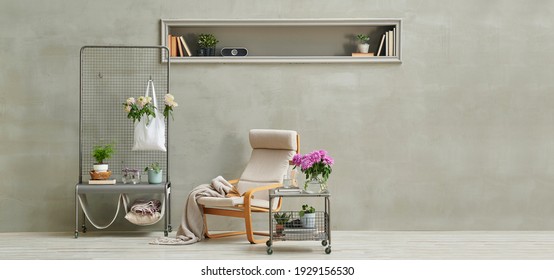 Grey Stone Wall Background,niche, Rocking Chair, Flower Detail, Home Decoration Style.