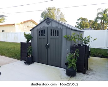 Grey Storage Shed With Plants On Cement