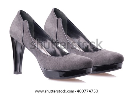 Grey suede high heel shoes isolated on white background.Side view.