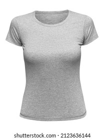 Grey T-shirt Mockup Women Isolated On White. Female Tee Shirt Blank As Design Template. Front View