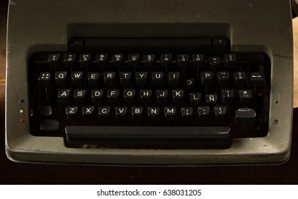 Grey Typewriter Keyboard From Top. Writer, Story Teller, Imagination, Creativity Concepts