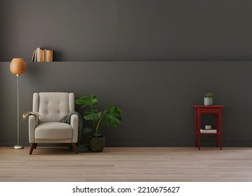 Grey wall room background style with niche, working table, armchair and vase of plant style. - Shutterstock ID 2210675627