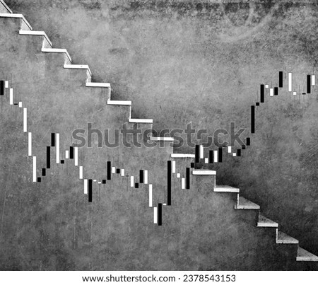 Grey wall with stairs background for trading chart with candlesticks downtrend changes to uptrends as positive change in deposit growth. Black times to good time abstract idea. Ups and downs trading