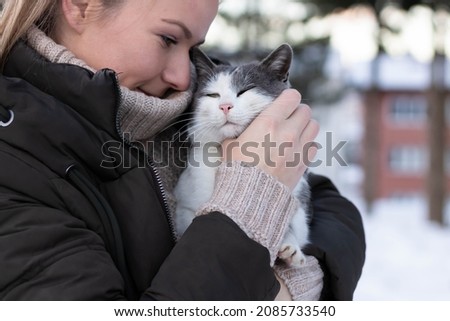 Grey and white cat in women's arm. Animal lovers. Pet owner.