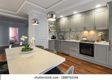 Grey and white contemporary classic kitchen interior designed in modern style being a part of studio apartment