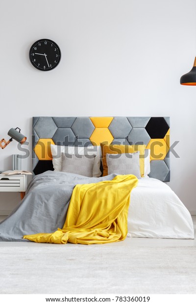 Grey Yellow Bedsheets On Bed Bedhead Stock Photo Edit Now