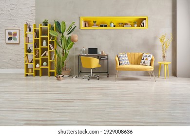 Grey And Yellow Home Interior Style, Stone Wall, Furniture Chair Sofa Decoration, Niche, Bookshelf And Green Vase Of Plant Room.