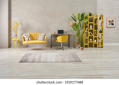 Grey And Yellow Home Interior Style, Stone Wall, Furniture Chair Sofa Decoration, Niche, Bookshelf And Green Vase Of Plant Room.