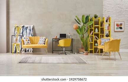 Grey And Yellow Home Interior Style, Stone Wall, Furniture Chair Sofa Decoration, Niche, Bookshelf And Green Vase Of Plant Room.