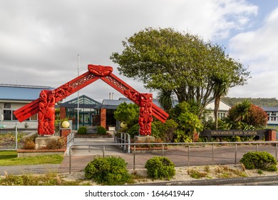 Greymouth, West Coast, New Zealand - 18 December 2019: Traditional Maori Gate In Front Of The Administrative Building Of Greymouth High School