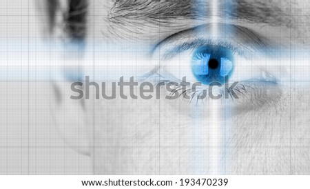 Greyscale close up image of a male eye with radiating light and a blue iris conceptual of intelligence, inspiration, forethought and vision.
