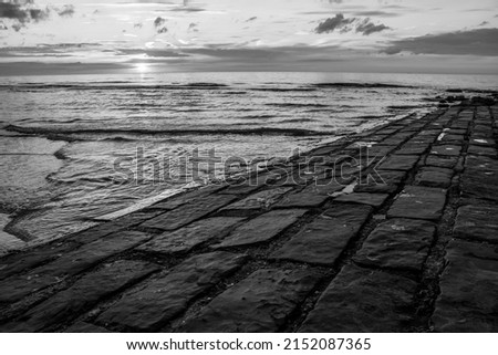 A greyscale shot of the stone coast of the sea