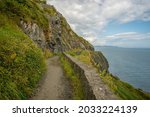 Greystones, Ireland. Bray to Greystones Cliff Walk. One of the highlights of walking in Wicklow. A path leading to the top of Bray Head. A stunning views of the Irish Sea and Wicklow Mountains.
